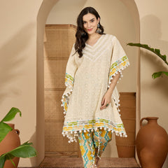 Off White Cotton Schiffli Kaftan With Dhoti Pant Kurta Set