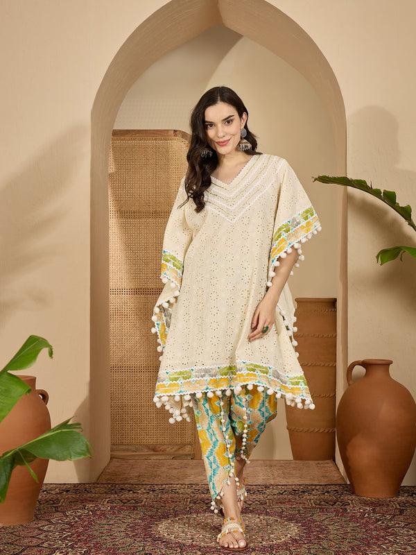 Off White Cotton Schiffli Kaftan With Dhoti Pant Kurta Set