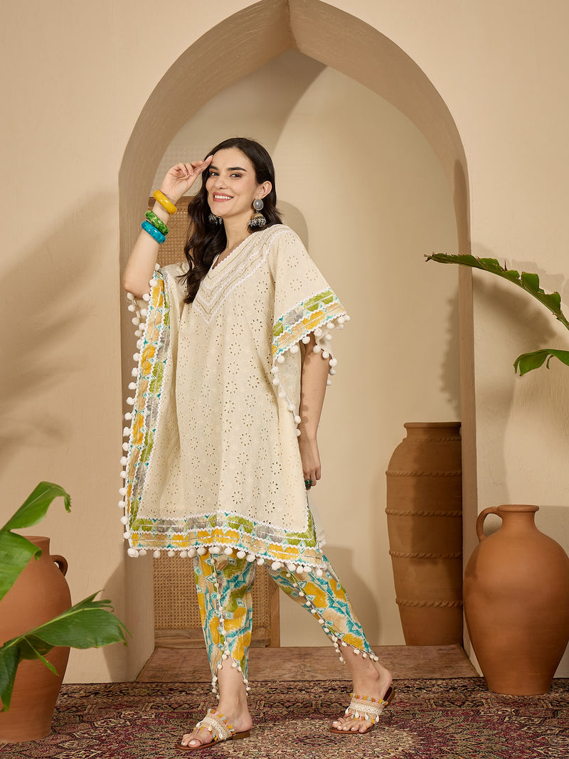 Off White Cotton Schiffli Kaftan With Dhoti Pant Kurta Set