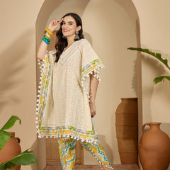 Off White Cotton Schiffli Kaftan With Dhoti Pant Kurta Set
