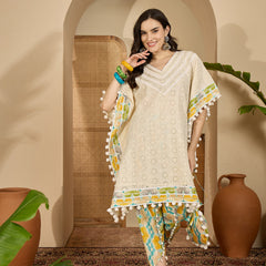 Off White Cotton Schiffli Kaftan With Dhoti Pant Kurta Set