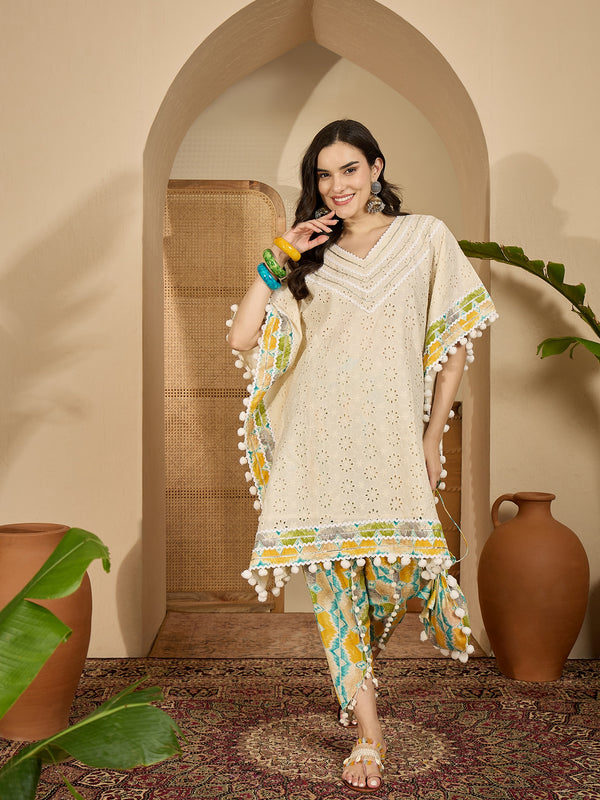 Off White Cotton Schiffli Kaftan With Dhoti Pant Kurta Set