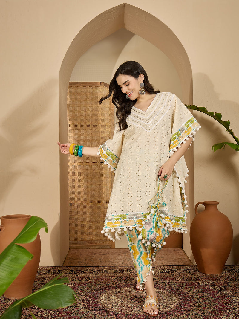 Off White Cotton Schiffli Kaftan With Dhoti Pant Kurta Set