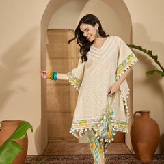 Off White Cotton Schiffli Kaftan With Dhoti Pant Kurta Set