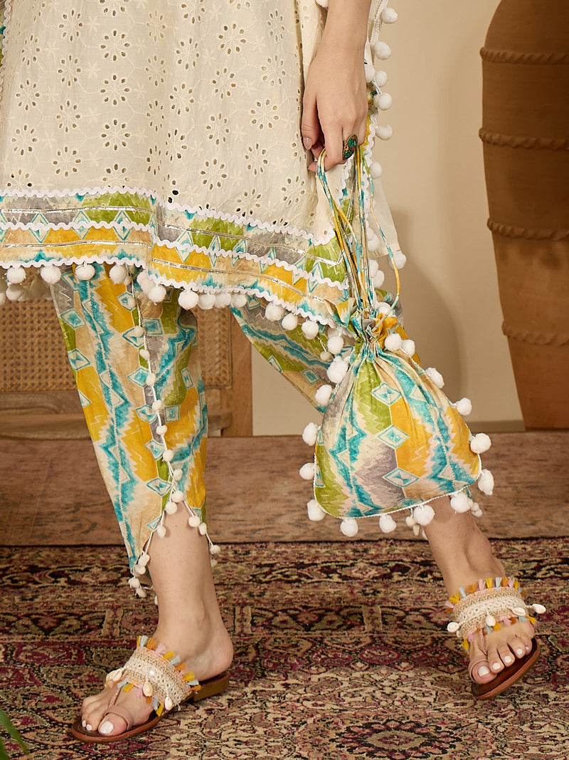 Off White Cotton Schiffli Kaftan With Dhoti Pant Kurta Set
