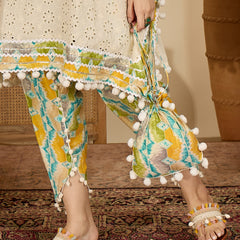 Off White Cotton Schiffli Kaftan With Dhoti Pant Kurta Set