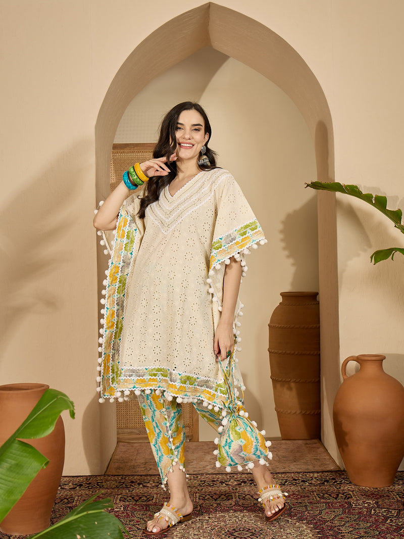 Off White Cotton Schiffli Kaftan With Dhoti Pant Kurta Set