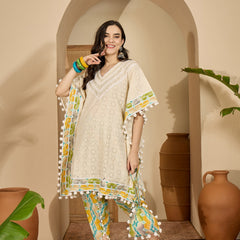 Off White Cotton Schiffli Kaftan With Dhoti Pant Kurta Set