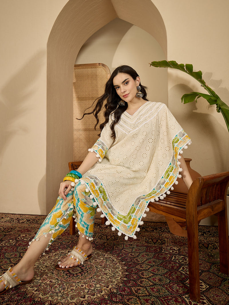 Off White Cotton Schiffli Kaftan With Dhoti Pant Kurta Set