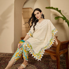 Off White Cotton Schiffli Kaftan With Dhoti Pant Kurta Set