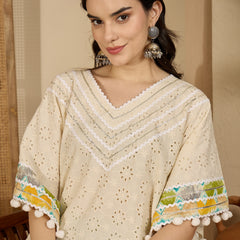 Off White Cotton Schiffli Kaftan With Dhoti Pant Kurta Set