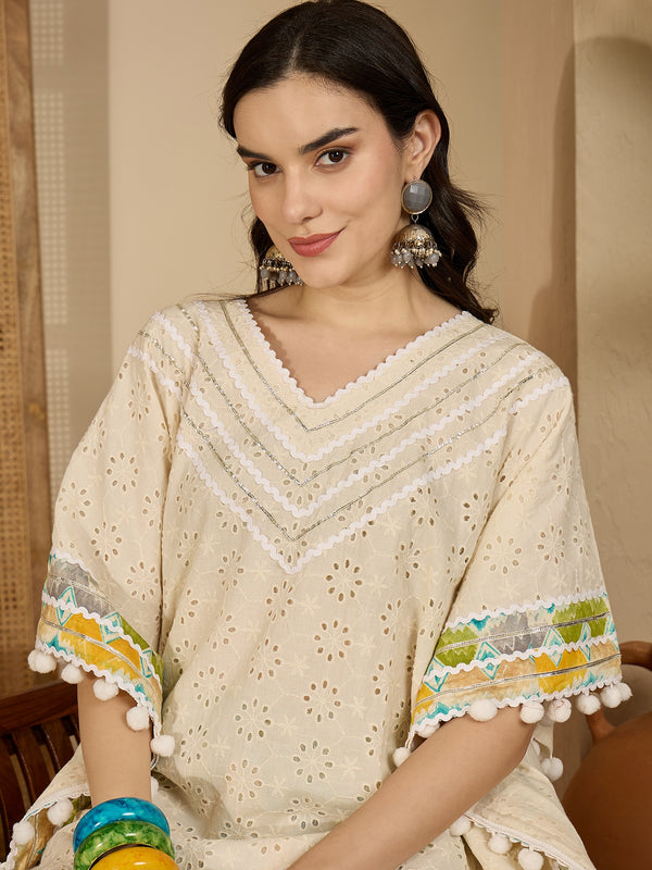 Off White Cotton Schiffli Kaftan With Dhoti Pant Kurta Set