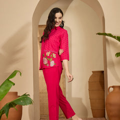 Pure Cotton Floral Embroidered Tunic With Trousers Co-Ords Set