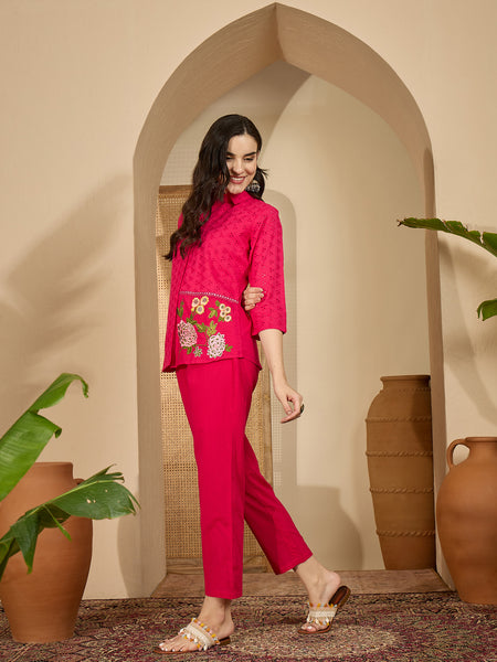 Pure Cotton Floral Embroidered Tunic With Trousers Co-Ords Set