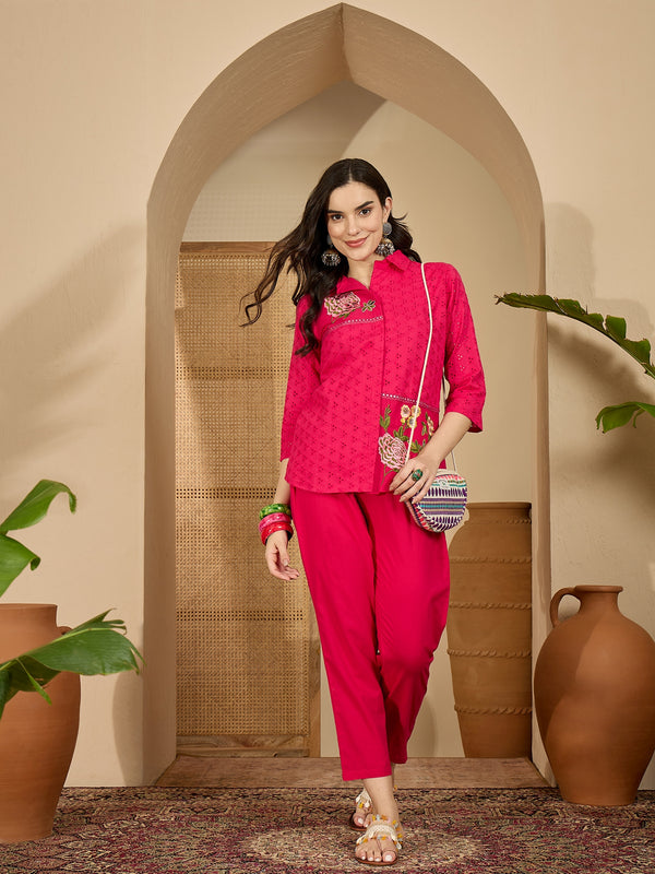 Pure Cotton Floral Embroidered Tunic With Trousers Co-Ords Set