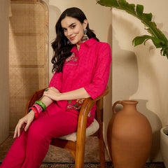 Pure Cotton Floral Embroidered Tunic With Trousers Co-Ords Set