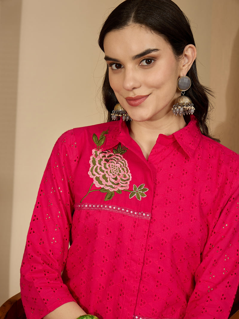 Pure Cotton Floral Embroidered Tunic With Trousers Co-Ords Set