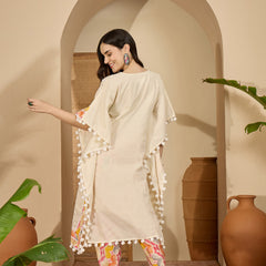 Off White Cotton Schiffli Kaftan With Dhoti Pant Kurta Set