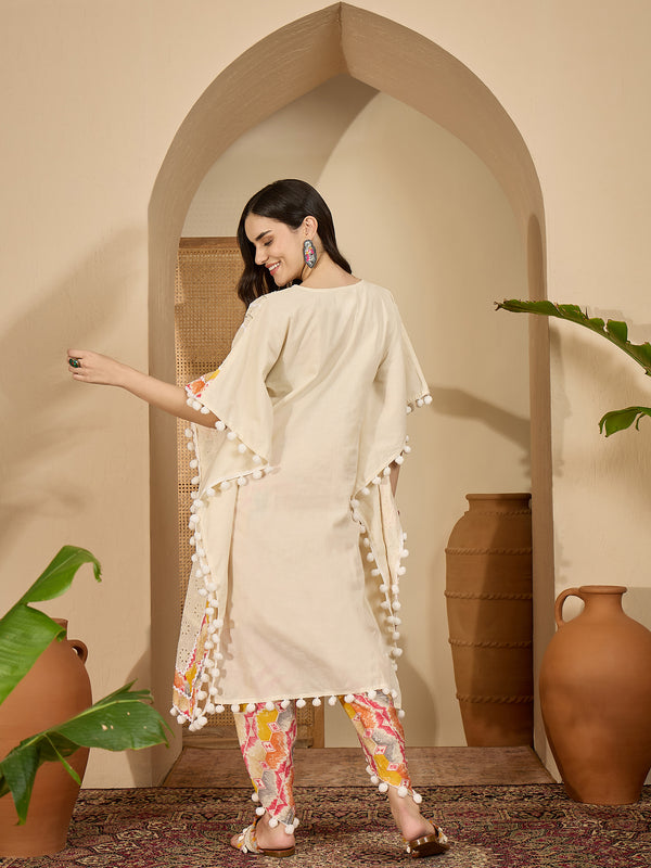 Off White Cotton Schiffli Kaftan With Dhoti Pant Kurta Set