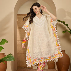 Off White Cotton Schiffli Kaftan With Dhoti Pant Kurta Set
