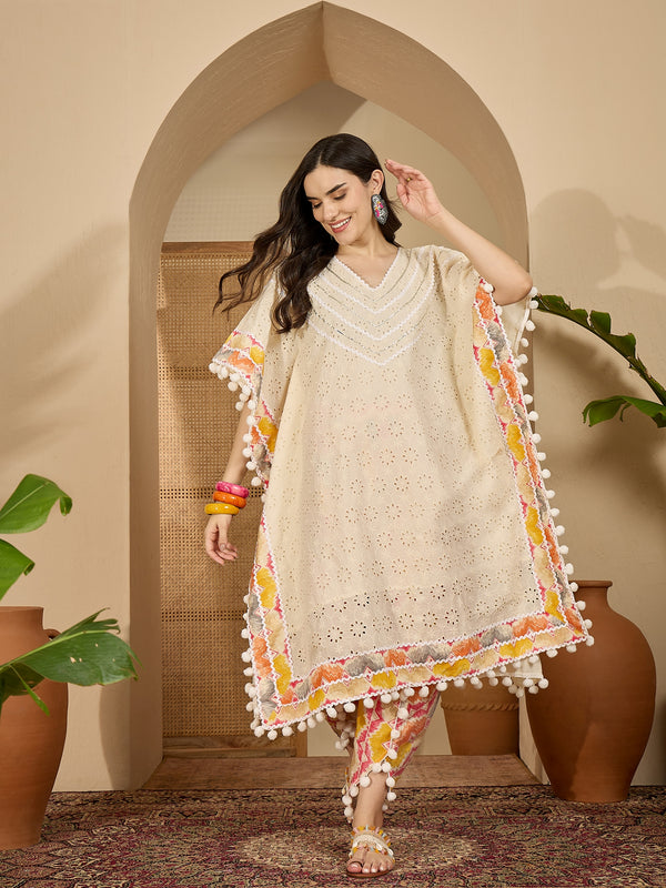 Off White Cotton Schiffli Kaftan With Dhoti Pant Kurta Set