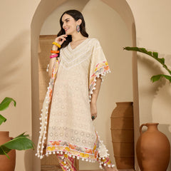 Off White Cotton Schiffli Kaftan With Dhoti Pant Kurta Set
