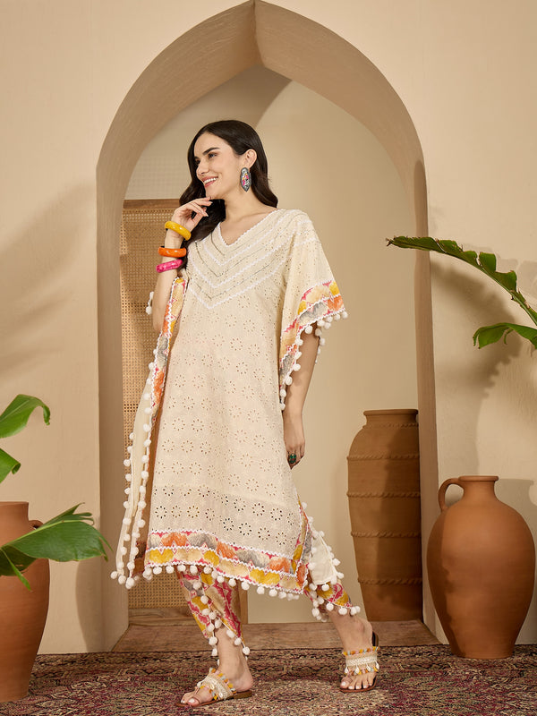 Off White Cotton Schiffli Kaftan With Dhoti Pant Kurta Set