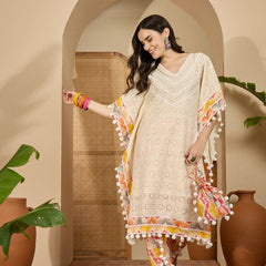 Off White Cotton Schiffli Kaftan With Dhoti Pant Kurta Set