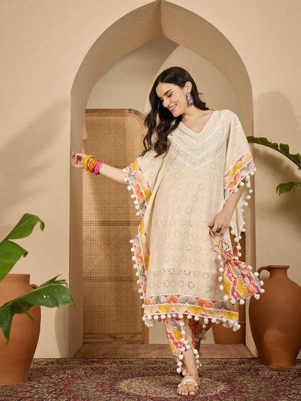 Off White Cotton Schiffli Kaftan With Dhoti Pant Kurta Set