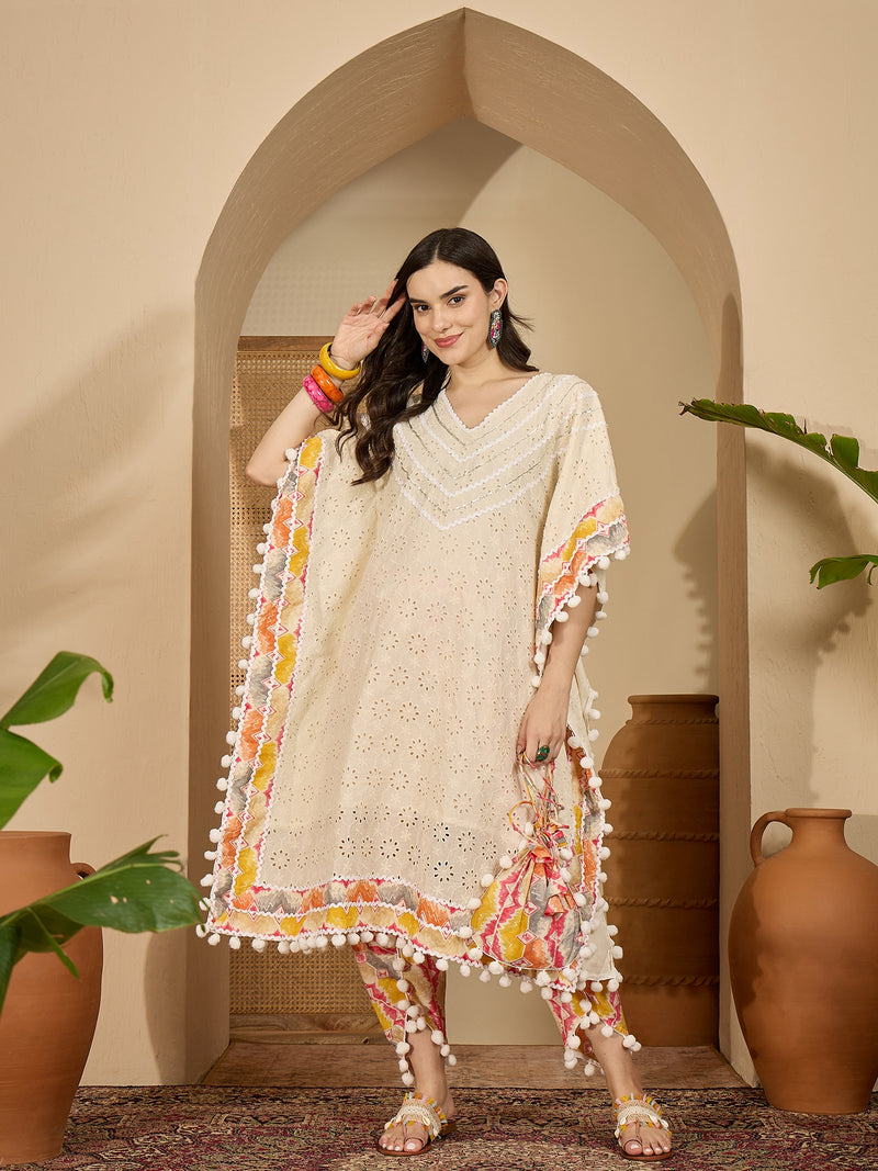 Off White Cotton Schiffli Kaftan With Dhoti Pant Kurta Set
