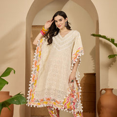 Off White Cotton Schiffli Kaftan With Dhoti Pant Kurta Set