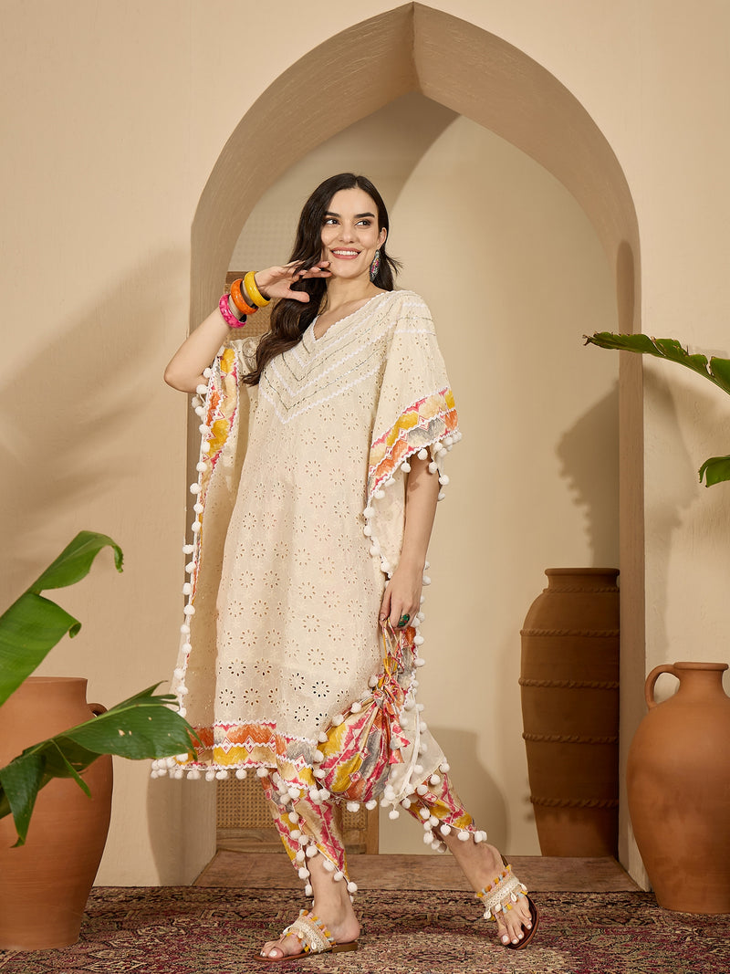 Off White Cotton Schiffli Kaftan With Dhoti Pant Kurta Set