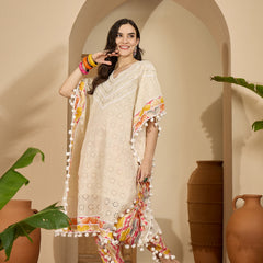 Off White Cotton Schiffli Kaftan With Dhoti Pant Kurta Set