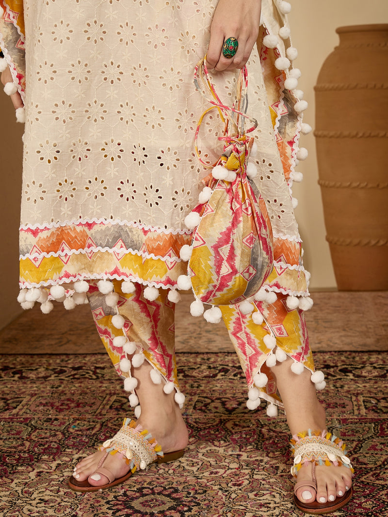 Off White Cotton Schiffli Kaftan With Dhoti Pant Kurta Set