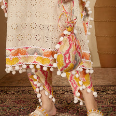 Off White Cotton Schiffli Kaftan With Dhoti Pant Kurta Set