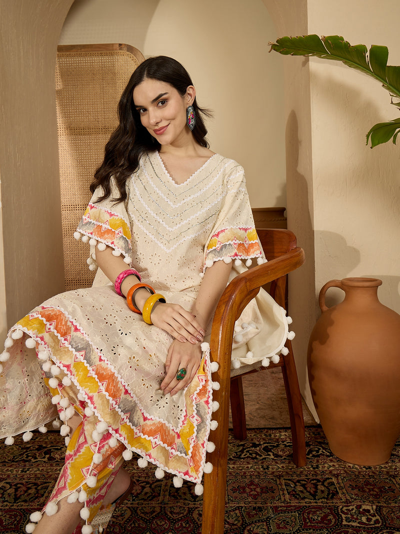 Off White Cotton Schiffli Kaftan With Dhoti Pant Kurta Set