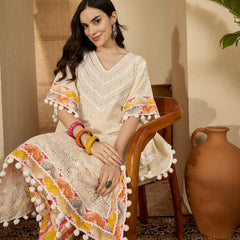 Off White Cotton Schiffli Kaftan With Dhoti Pant Kurta Set