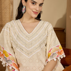 Off White Cotton Schiffli Kaftan With Dhoti Pant Kurta Set