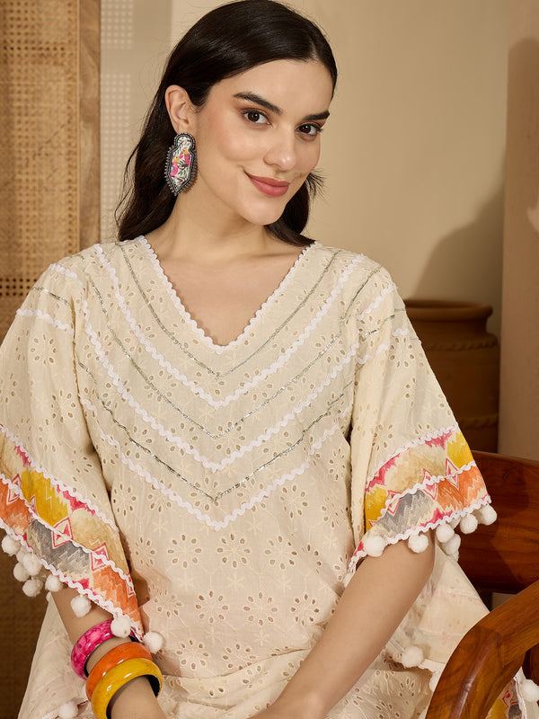 Off White Cotton Schiffli Kaftan With Dhoti Pant Kurta Set