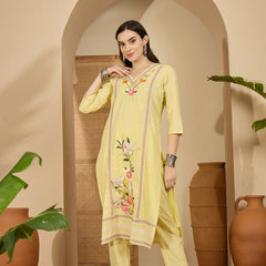 Yellow Floral Embroidered  Straight Kurta With Pant & Dupatta Kurta Set