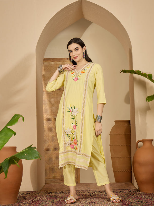 Yellow Floral Embroidered  Straight Kurta With Pant & Dupatta Kurta Set