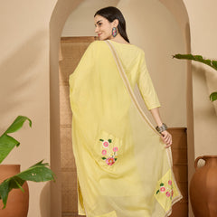 Yellow Floral Embroidered  Straight Kurta With Pant & Dupatta Kurta Set
