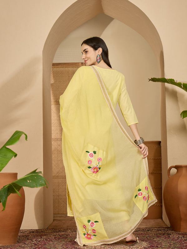 Yellow Floral Embroidered  Straight Kurta With Pant & Dupatta Kurta Set