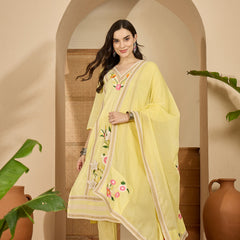 Yellow Floral Embroidered  Straight Kurta With Pant & Dupatta Kurta Set