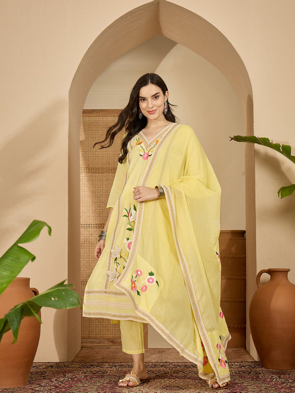 Yellow Floral Embroidered  Straight Kurta With Pant & Dupatta Kurta Set