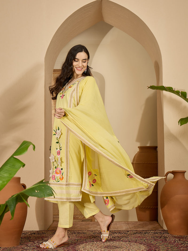 Yellow Floral Embroidered  Straight Kurta With Pant & Dupatta Kurta Set