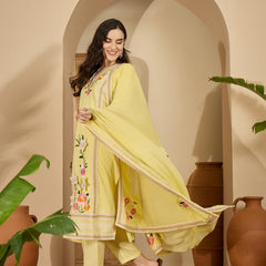 Yellow Floral Embroidered  Straight Kurta With Pant & Dupatta Kurta Set