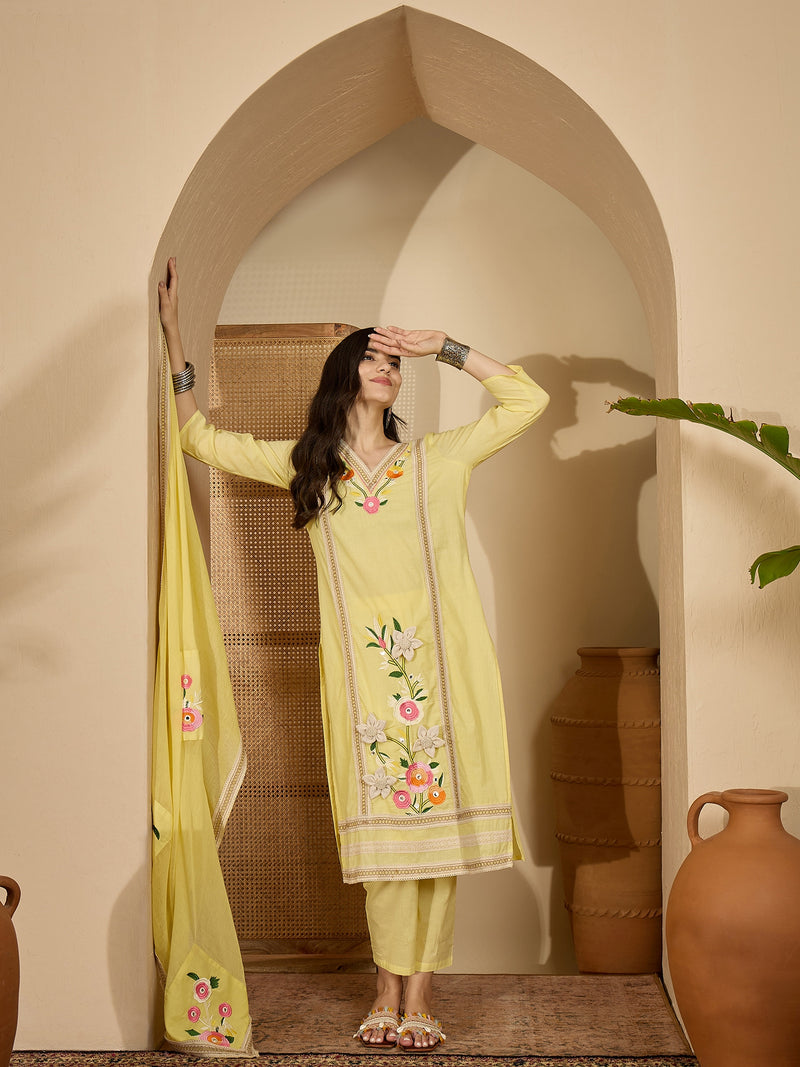 Yellow Floral Embroidered  Straight Kurta With Pant & Dupatta Kurta Set