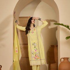 Yellow Floral Embroidered  Straight Kurta With Pant & Dupatta Kurta Set