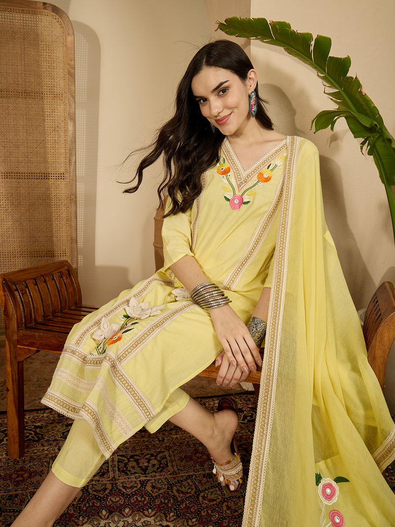Yellow Floral Embroidered  Straight Kurta With Pant & Dupatta Kurta Set